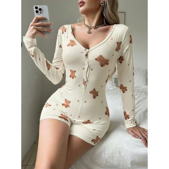 ÖZEL TASARIM  PAMUKLU EKRU AYICIK DESENLİ DÜĞMELİ TULUM PİJAMA