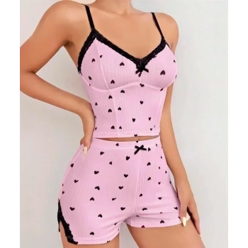 ÖZEL TASARIM  PEMBE KALP DESENLI ASKILI ŞORTLU PIJAMA TAKIM