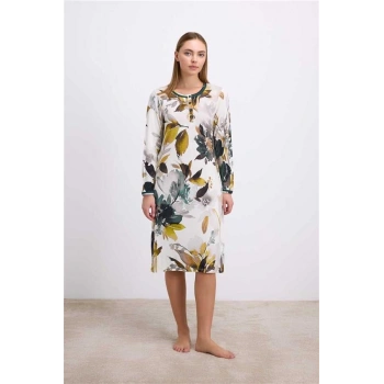 ÖZEL TASARIM  UZUN KOLLU ÇİÇEK DESENLİ LENZİNG VİSKON, DÜĞMELİ YAKA DETAYLI GECELİK