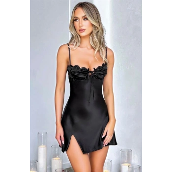 AMORA SECRET ÖZEL TASARIM YIRTMAÇLI INCE ASKILI DANTEL IŞLEMELI SIYAH MINI SATEN GECELIK