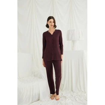 AMORA SECRET Amora Uzun Kollu Boydan Düğmeli̇ V Yaka Pi̇Jama Takimi