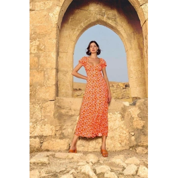 AMORA SECRET VISKON ÇIÇEK DESENLI KISA KOLLU ELBISE