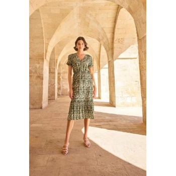 AMORA SECRET YAPRAK DESENLI KISA KOLLU ELBISE