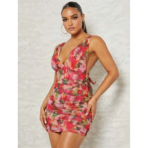 AmoraSecret AmoraSecret Çiçek Desenli Büzgülü Arkadan Bağlamalı Fantezi Elbise