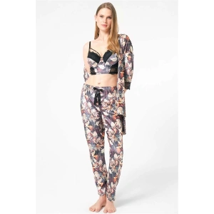 Amora Secret Kadın Fantazi İç Giyim Kadife Çiçek Desenli Sabahlık Balenli Destekli Dolgulu Yaka Detaylı Dantelli Büstiyer Sütyen ve Pantolon Pijama 3lü Takım - Şehvetli ve Zarif Tasarım