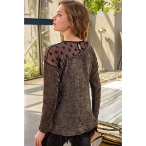 Amora Secret Kadın Fantazi İç Giyim Kadın Puantiyeli Tüllü Uzun Kollu Sweatshirt ve Deri Görünümlü Tayt Takım (9739) - Şehvetli ve Zarif Tasarım