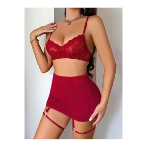 Transparan Kırmızı Dantel İşlemeli Fantezi Bacak Bantlı Etekli Jartiyer Takımı