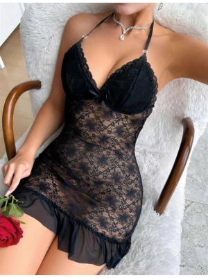 Amora Secret Siyah Dantel İşlemeli Boyundan Bağlamalı Likralı Fantezi Tül Gecelik