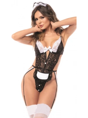 Amora Secret Kadın Fantazi İç Giyim Siyah Dantelli Fantezi Body Hizmetçi Kostümü - li ve Zarif Tasarım