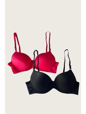 Amora Secret Kadın Fantazi İç Giyim Siyah-Kırmızı 2li Mikro Kumaş Push Up Dolgulu Balenli Günlük Destekli Sütyen - li ve Zarif Tasarım