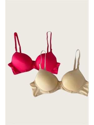 Amora Secret Kadın Fantazi İç Giyim Ten-Kırmızı 2li Mikro Kumaş Push Up Dolgulu Balenli Günlük Destekli Sütyen - li ve Zarif Tasarım