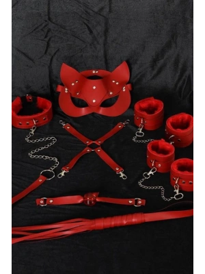 Amora Secret Kırmızı İçi Tüylü Maske,Kol,Bacak,Ağız Topu,Kırbaç,Tasma Harness Set