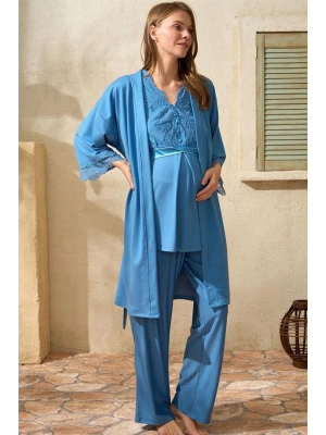 Amora Secret Sıfır Kol V Yaka Kadın Viskon Düz Yazlık Uzun Dantel Detaylı Hamile Pijama Takımı Sabahlık