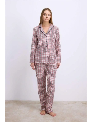 Amora Secret Pamuklu Uzun Kol Düğmeli Gömlek ve Ekose Pantolon Pijama Takımı