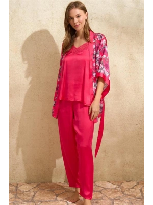 Amora Secret Saten Çiçek Baskılı Sabahlık Dantelli Atlet ve Pantolon Pijama 3lü Takım