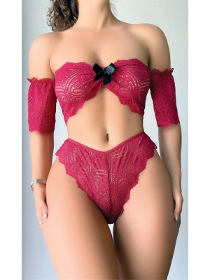 Amora Secret Kadın Fantazi İç Giyim Fiyonk Detaylı Kırmızı Dantel Sütyen Külot Takım - li ve Zarif Tasarım