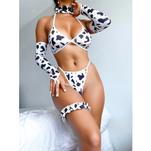 Amora Secret Beyaz Zebra Desenli Eldiven ve Bacak Bantlı Şık Fantezi Sütyen Külot Takımı