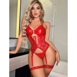 Amora Secret Kadın Fantazi İç Giyim Kırmızı Dantel İşlemeli Büstiyerli Fantezi Deri Jartiyer Takımı - Şehvetli ve Zarif Tasarım