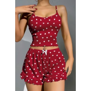 Amora Secret Kadın Fantazi İç Giyim Pamuklu Kırmızı Üstüne Beyaz Kalp Desen Fitilli Askılı Şortlu Pijama Takımı - Şehvetli ve Zarif Tasarım