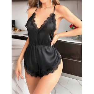 AmoraSecret AmoraSecret Siyah İnce Askılı Dantel İşlemeli Sırt Dekolteli Saten Body Gecelik