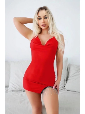 Amora Secret Bacak Kısmı Boncuk Detaylı Kırmızı Mini Fantezi Gecelik
