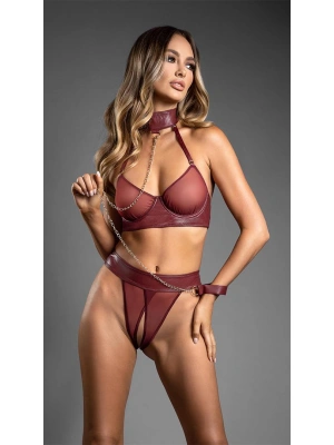 Amora Secret Bordo Tül Büstiyerli Özel Bölgesi Açık Kelepçeli Fantezi Deri Takım