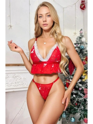 Amora Secret Kadın Fantazi İç Giyim Fantezi Kırmızı Özel Yılbaşı Desenli Sütyen Tanga - li ve Zarif Tasarım