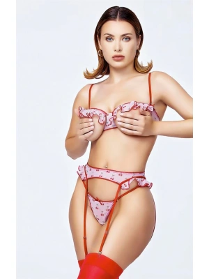 Amora Secret Kadın Fantazi İç Giyim Göğüs Bölgesi Açık Kiraz Desenli Fantezi Jartiyer Takım - li ve Zarif Tasarım
