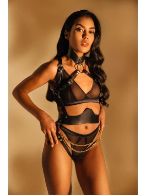 Amora Secret Kadın Fantazi İç Giyim Siyah Zincir Aksesuarlı Fantezi Deri Vücut Harness - li ve Zarif Tasarım