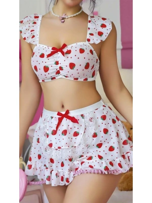 Amora Secret Kadın Fantazi İç Giyim Beyaz Çilek Desenli Etekli Fantezi Sütyen Takım - li ve Zarif Tasarım