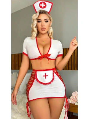 Amora Secret Kadın Fantazi İç Giyim Beyaz Kenarları İp Detaylı Fantezi Hemşire Kostüm - li ve Zarif Tasarım
