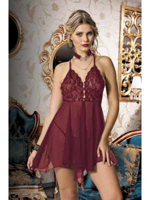 Amora Secret Kadın Fantazi İç Giyim Bordo Dantel İşlemeli Boyundan Bağlamalı Fantezi Tül Gecelik - li ve Zarif Tasarım