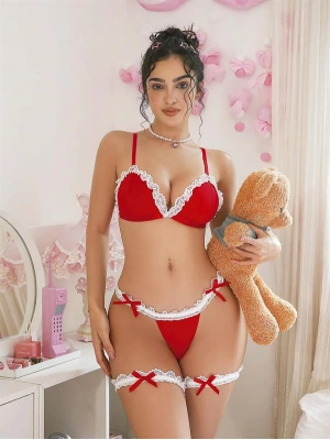 Amora Secret Kadın Fantazi İç Giyim Boyunluklu Bacak Aksesuarlı Kırmızı Fantezi Hizmetçi Kostümü - li ve Zarif Tasarım