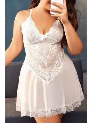 Amora Secret Kadın Fantazi İç Giyim Büyük Beden Beyaz Dantel İşlemeli İnce Askılı Gecelik - li ve Zarif Tasarım