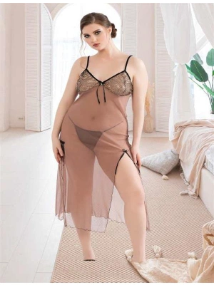 Amora Secret Kadın Fantazi İç Giyim Büyük Beden Kahverengi Tül Fantezi Uzun Yırtmaçlı Gecelik - li ve Zarif Tasarım