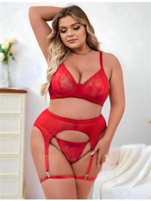 Amora Secret Kadın Fantazi İç Giyim Büyük Beden Kırmızı Dantel İşlemeli Fantezi Jartiyer Takımı - li ve Zarif Tasarım