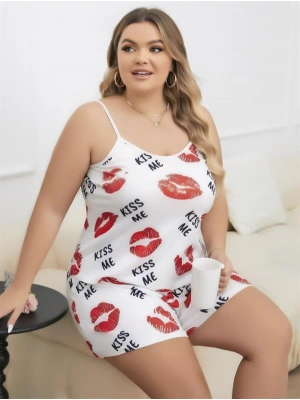 Amora Secret Kadın Fantazi İç Giyim Büyük Beden Kiss Me Öpücük Desen Pamuklu Şortlu Pijama Takımı - li ve Zarif Tasarım