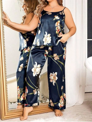 Amora Secret Kadın Fantazi İç Giyim Büyük Beden Mavi Üstüne Çiçek Desenli İnce Askılı 2li Saten Pijama Takımı - li ve Zarif Tasarım