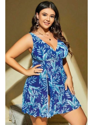 Amora Secret Kadın Fantazi İç Giyim Büyük Beden Mavi Üstüne Yaprak Desenli Yırtmaçlı Gecelik - li ve Zarif Tasarım