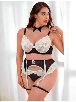 Amora Secret Kadın Fantazi İç Giyim Büyük Beden Siyah Beyaz Dantel İşlemeli Fantezi Jartiyer Takımı - li ve Zarif Tasarım