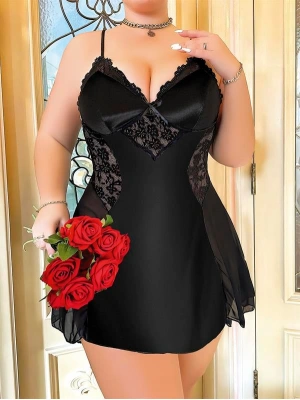 Amora Secret Kadın Fantazi İç Giyim Büyük Beden Siyah Dantel İşlemeli İnce Askılı Saten Gecelik - li ve Zarif Tasarım