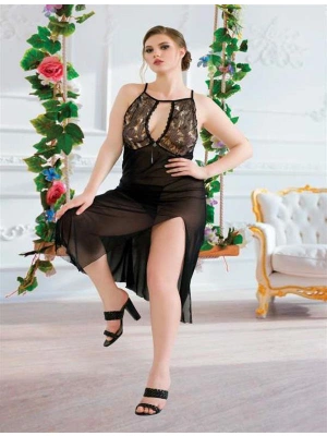 Amora Secret Kadın Fantazi İç Giyim Büyük Beden Siyah Tül Fantezi Uzun Yırtmaçlı Gecelik - li ve Zarif Tasarım