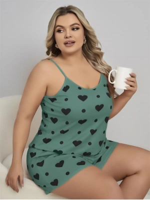 Amora Secret Kadın Fantazi İç Giyim Büyük Beden Yeşil Kalp Desen Pamuklu Şortlu Pijama Takımı - li ve Zarif Tasarım