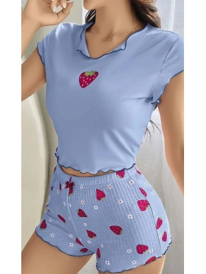 Amora Secret Kadın Fantazi İç Giyim Çilek Desenli Mavi Seksi Pijama Takım - li ve Zarif Tasarım