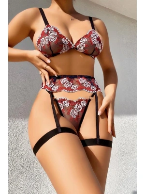 Amora Secret Kadın Fantazi İç Giyim Fantezi Bacak Bantlı Çiçek Desenli Sütyen Külot Takım - li ve Zarif Tasarım