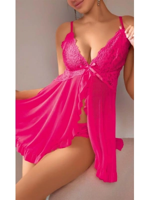Amora Secret Kadın Fantazi İç Giyim Fuşya Dantel İşlemeli Yırtmaçlı Transparan Fantezi Tül Gecelik - li ve Zarif Tasarım