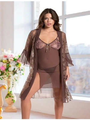 Amora Secret Kadın Fantazi İç Giyim Haki Transparan Dantel İşlemeli Tül Yırtmaçlı 2li Gecelik Takımı - li ve Zarif Tasarım