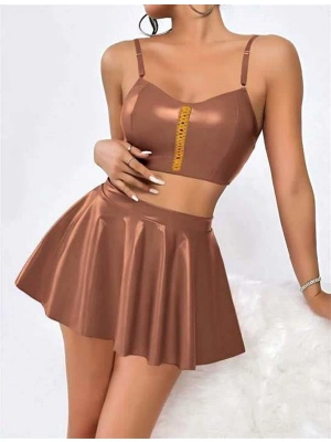 Amora Secret Kadın Fantazi İç Giyim Kahverengi Etekli Fantezi Deri Şık Elbise - li ve Zarif Tasarım