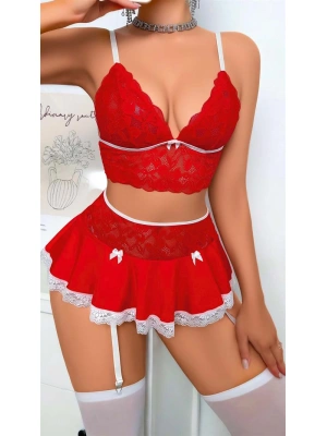 Amora Secret Kadın Fantazi İç Giyim Kırmızı Dantel İşlemeli Büstiyerli Etekli Fantezi Kostüm - li ve Zarif Tasarım