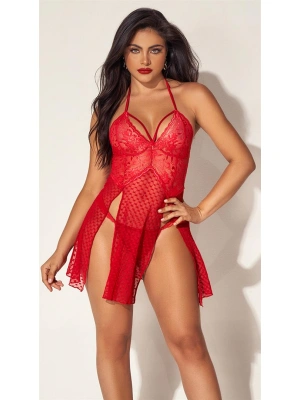 Amora Secret Kadın Fantazi İç Giyim Kırmızı Dantelli Boyundan Askılı Göğüs Detay Gecelik Takımı - li ve Zarif Tasarım